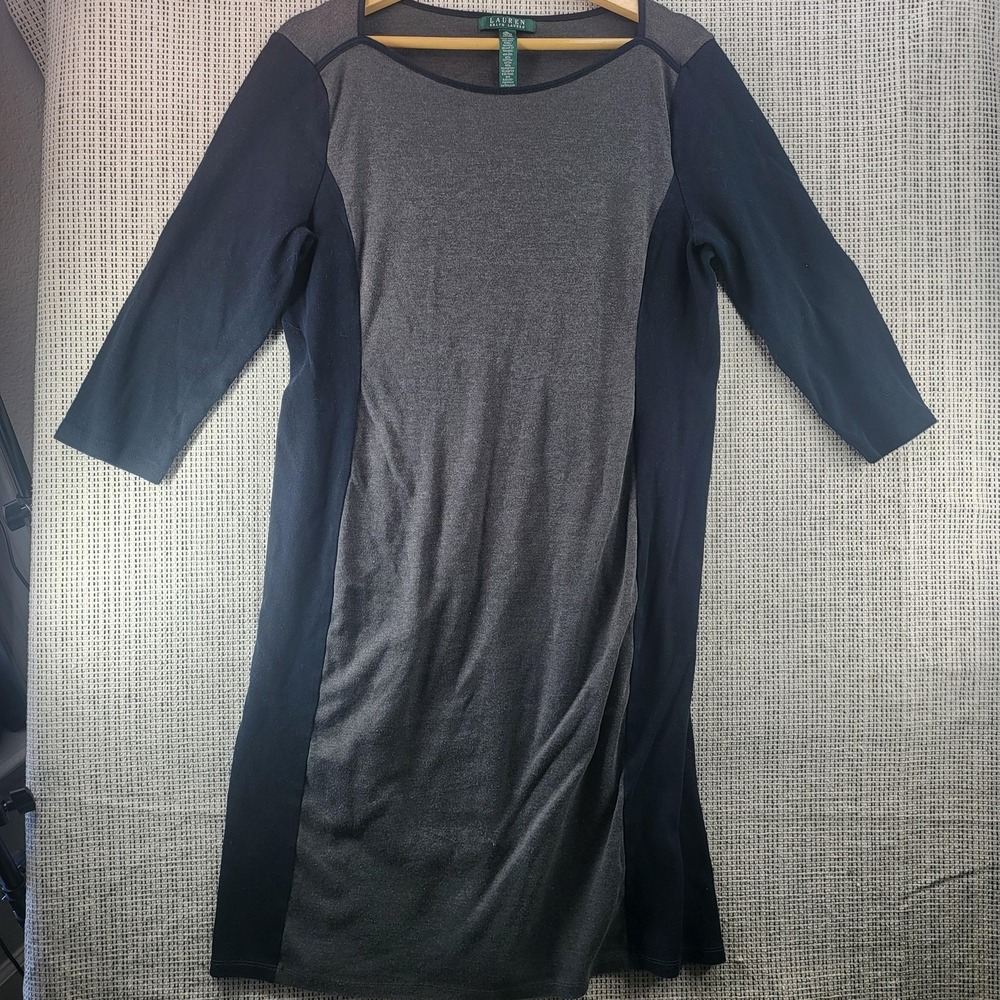 Lauren Ralph Lauren Dress Womens XL‎ Gray Navy Colorblock 3/4 Sleeve Sheath